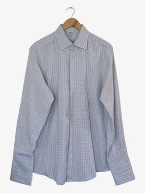 Brooks Brothers 1818 Slim Fit French Cuff Dress Shirt 16-34 Blue Check Egyptian